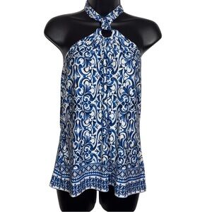 CeCe Halter Top Sleeveless Ocean Blue Print Border Print Hem Women’s Size Medium